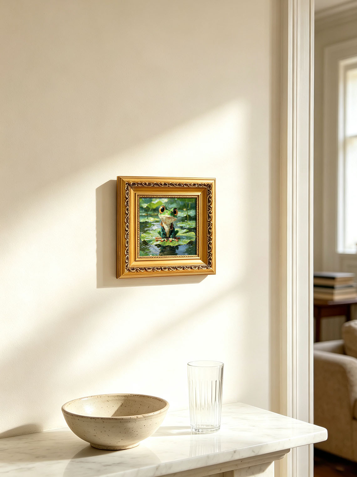 Cute Dressed Green Frog Sitting On Rainy Lotus Leaf Impasto Oil Painting Custom oil painting from photo, Gift for friend，Size 4x4