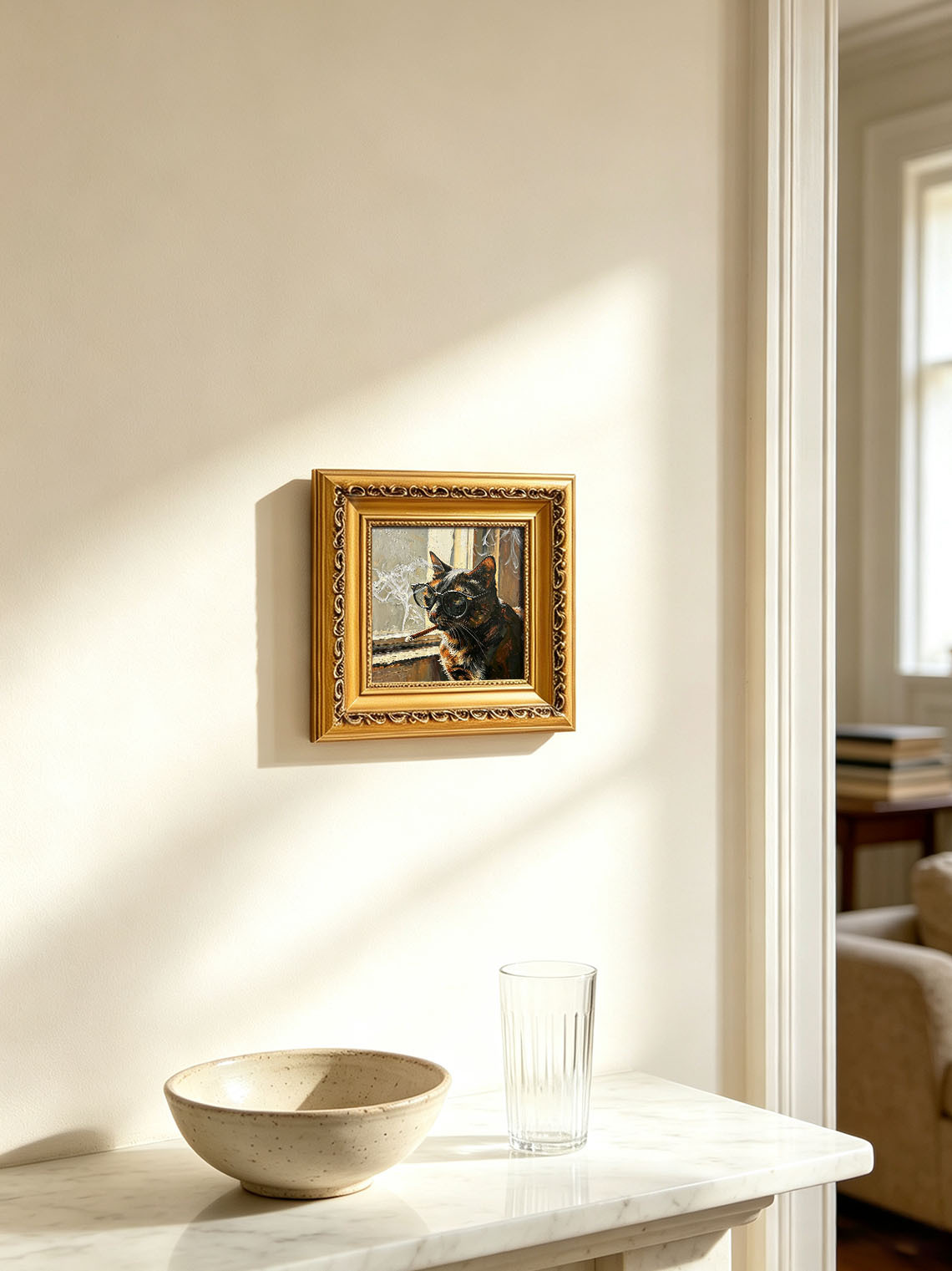 Cool Tortoiseshell Cat With Glasses By Window Impasto Oil Painting Custom oil painting from photo, Gift for friend，Size 4x4