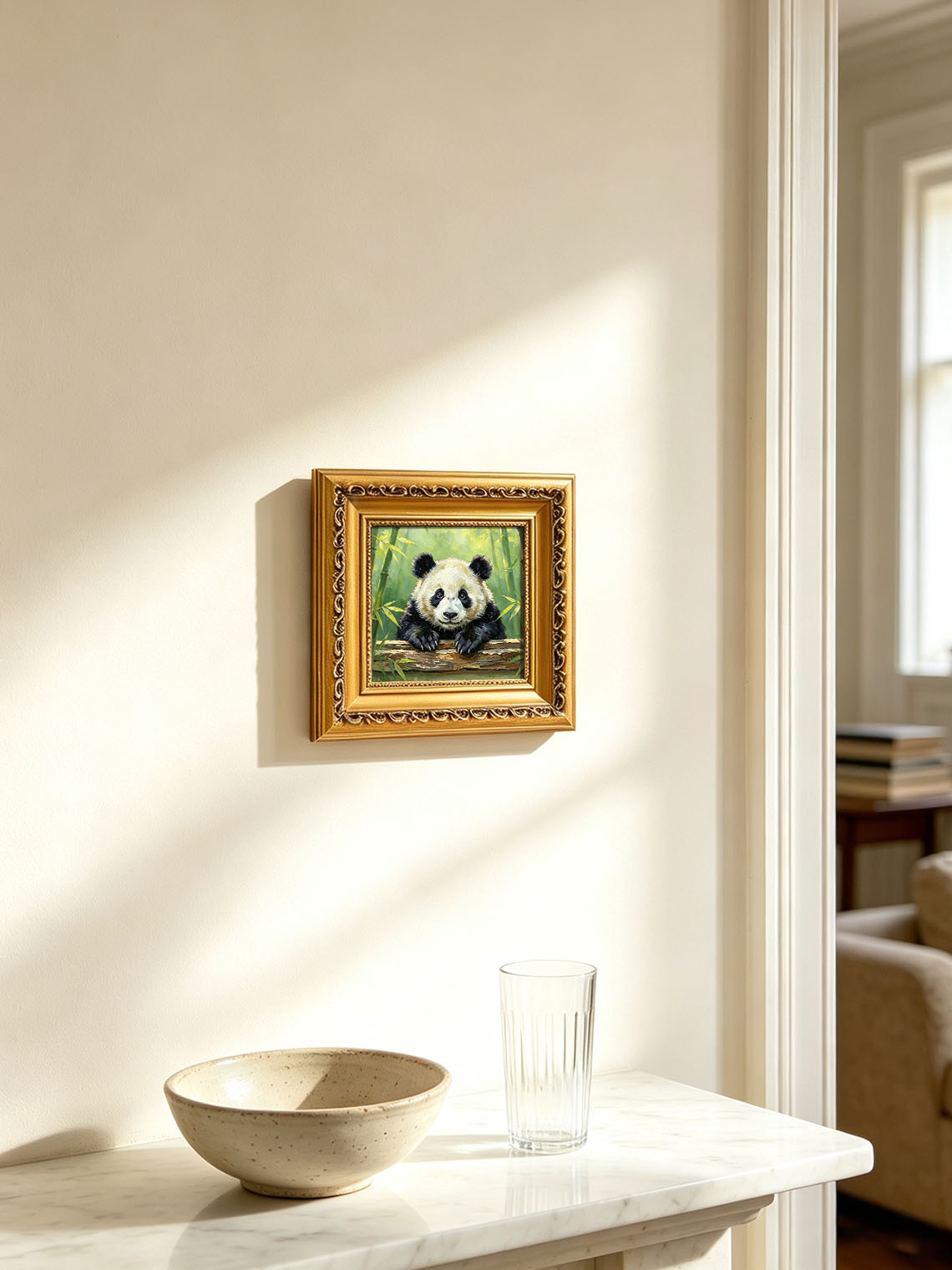 Adorable Giant Panda Leaning Over Log In Bamboo Forest Impasto Oil Painting Custom oil painting from photo, Gift for friend，Size 4x4
