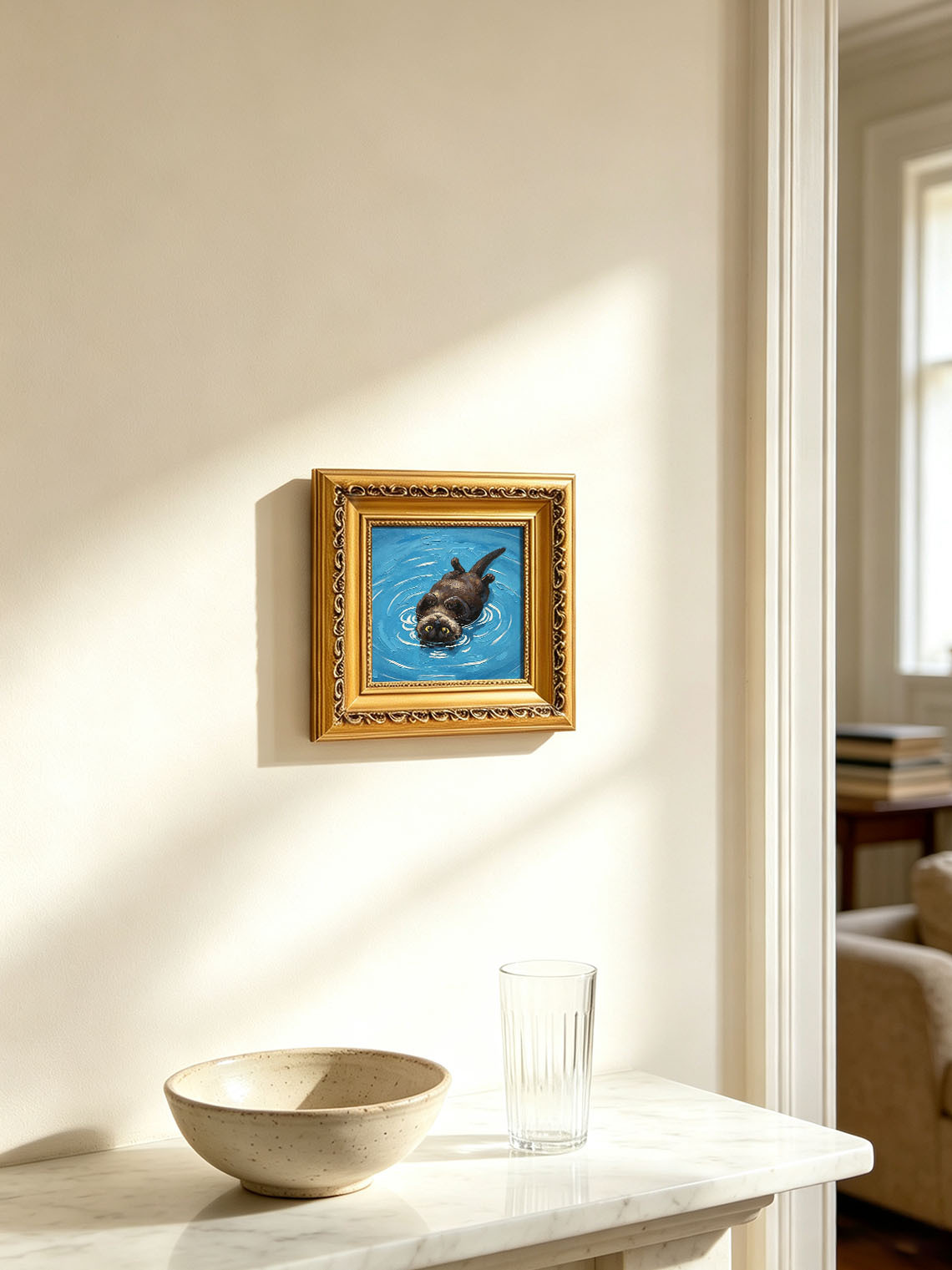 Playful Otter Floating On Bright Blue Rippling Water Impasto Oil Painting Custom oil painting from photo, Gift for friend，Size 4x4