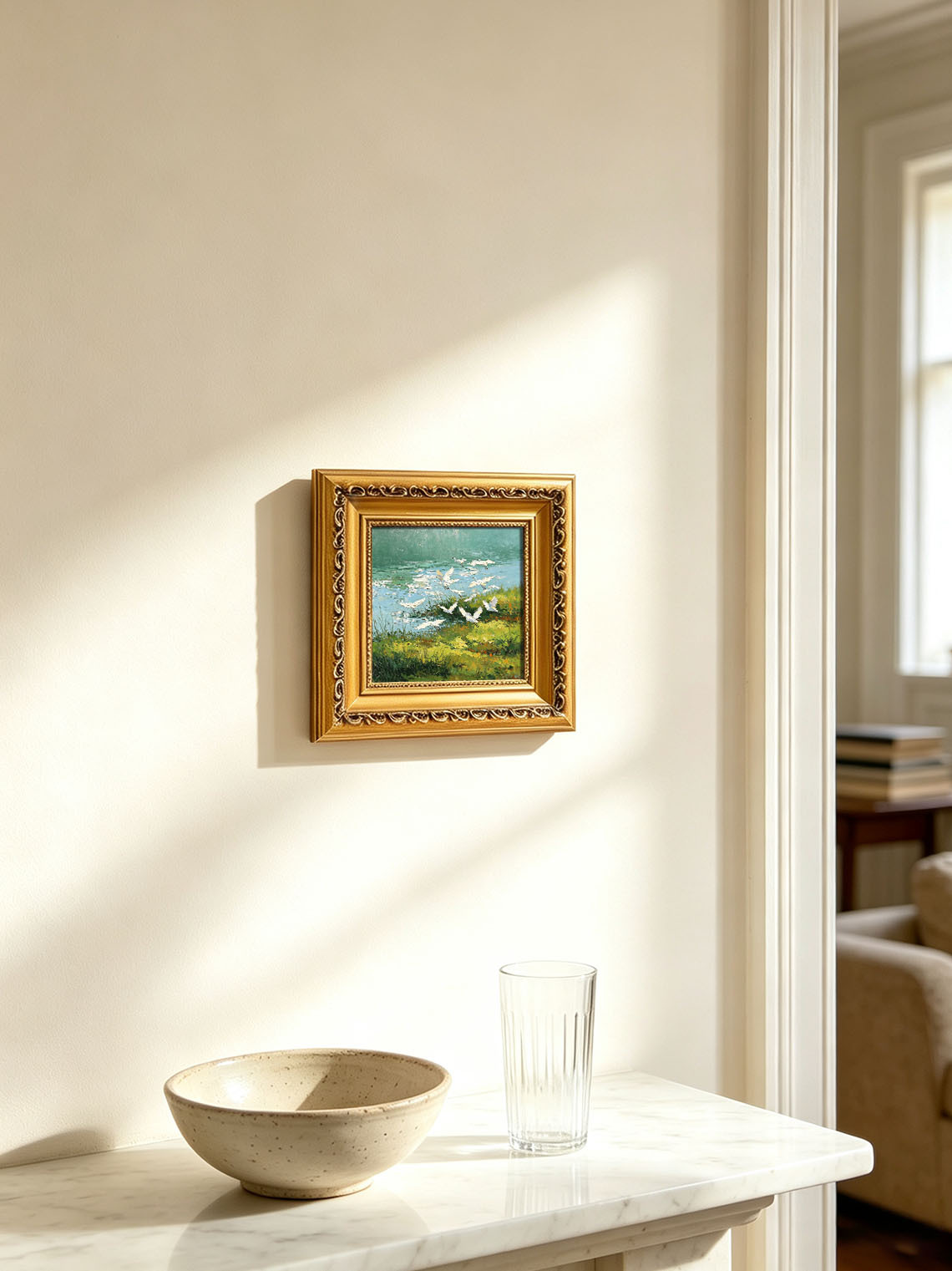 Flock of White Egrets Flying Over Green Riverside Wetland Landscape Oil Painting Custom oil painting from photo, Gift for friend，Size 4x4