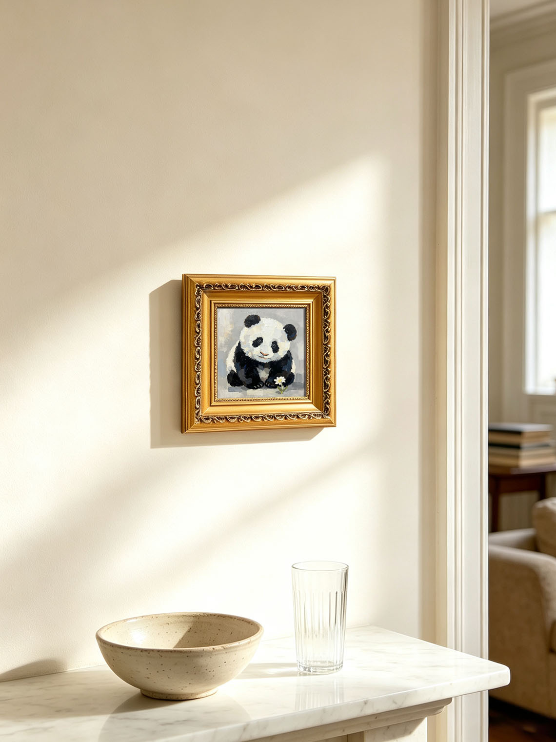 Baby Panda With White Daisy Flower Neutral Grey Background Impasto Oil Painting Custom oil painting from photo, Gift for friend，Size 4x4