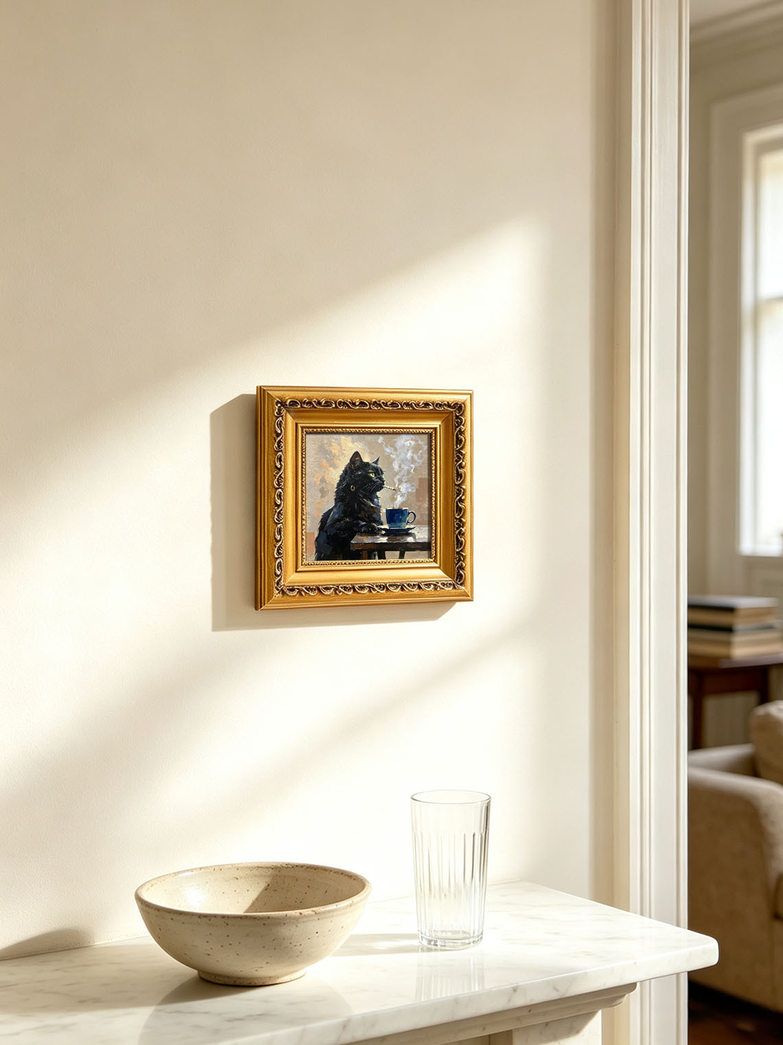 Cool Moody Black Cat With Gold Earring Beside Blue Coffee Cup On Wooden Table Custom oil painting from photo, Gift for friend，Size 4x4