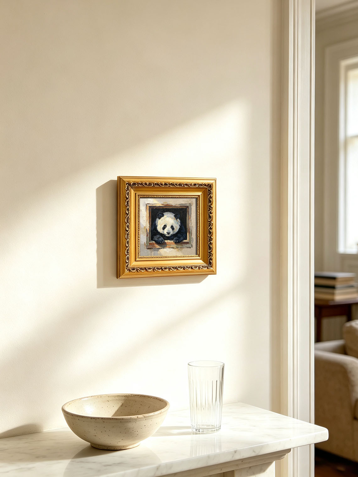Cute Giant Panda Leaning Out From Wooden Window Box Impasto Oil Painting Custom oil painting from photo, Gift for friend，Size 4x4