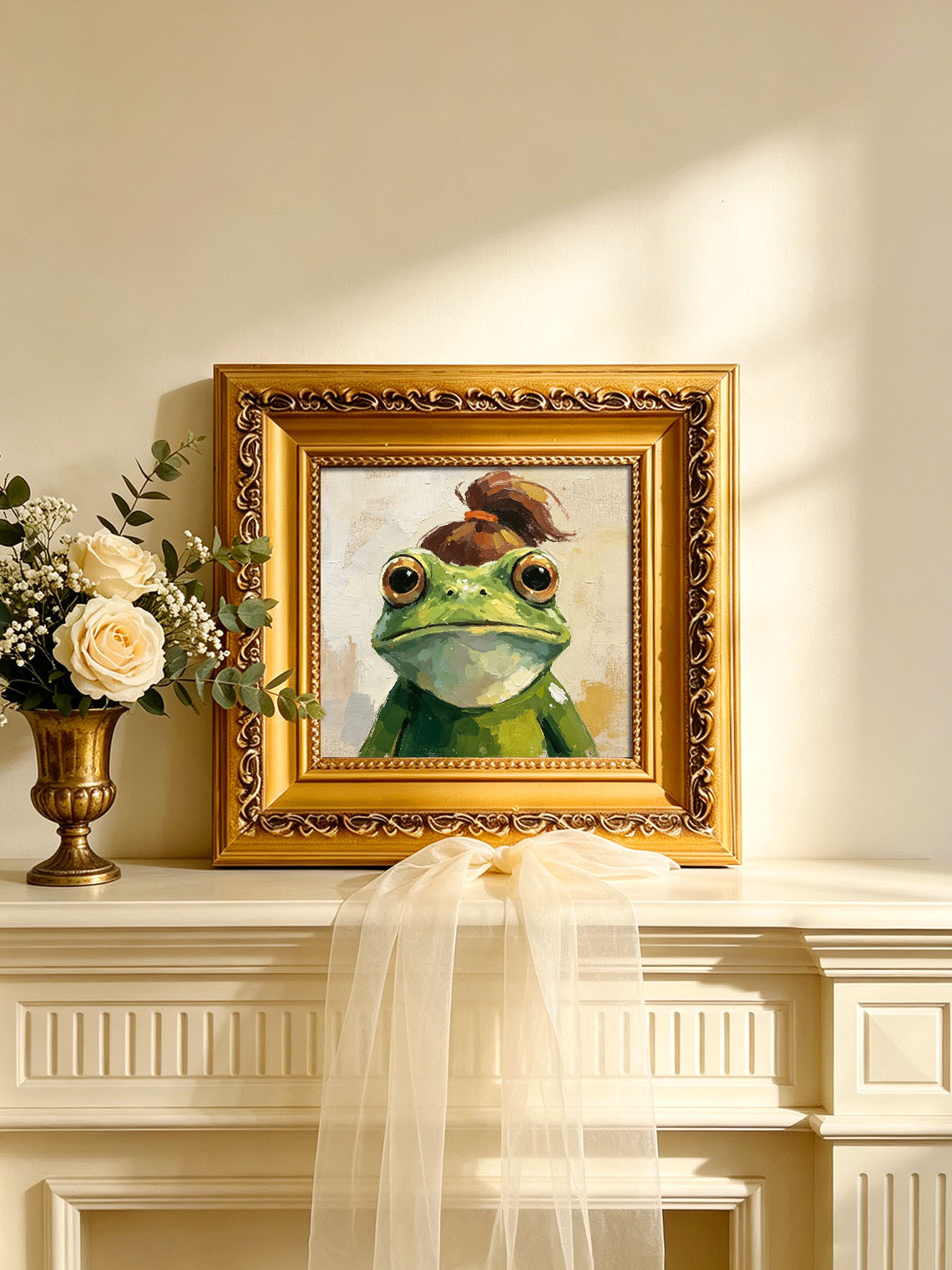 Frog With Messy Bun Hairstyle Whimsical Oil Painting Warm Beige Background  Custom oil painting from photo, Gift for friend，Size 4x4