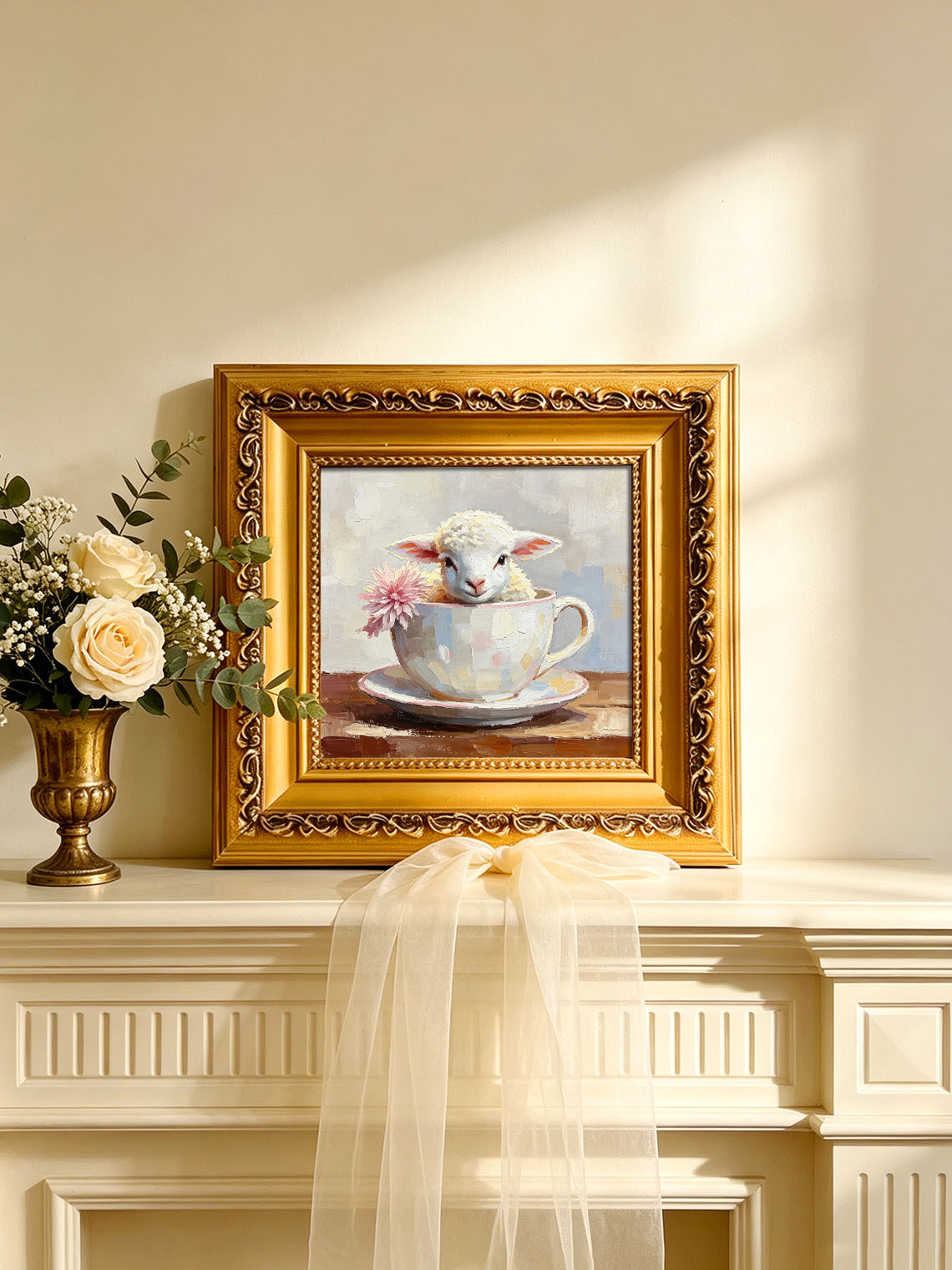 Baby Lamb Inside Pastel Teacup With Pink Flower Whimsical Custom oil painting from photo, Gift for friend，Size 4x4