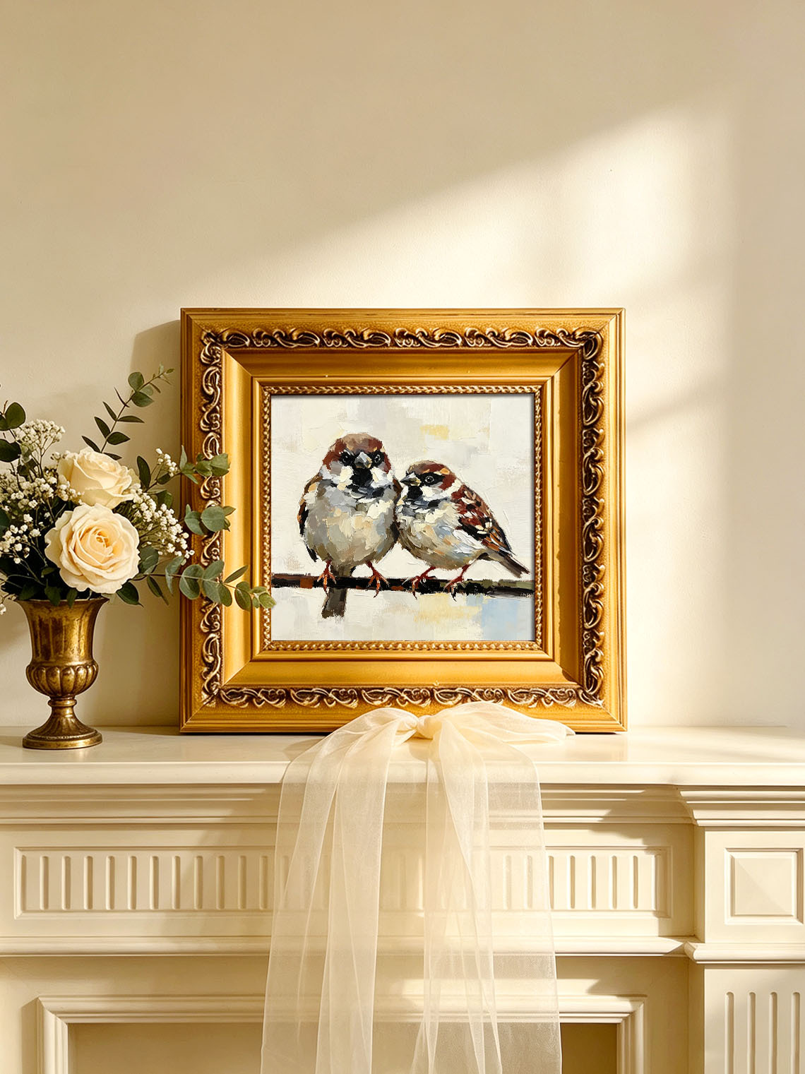 Pair Of Sweet Sparrows On Branch Oil Painting Soft Cream Textured Background  Custom oil painting from photo, Gift for friend，Size 4x4