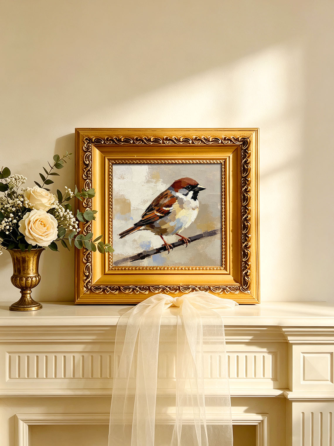 Single Sparrow Perched On Twig Oil Painting Soft Neutral Textured Background  Custom oil painting from photo, Gift for friend，Size 4x4