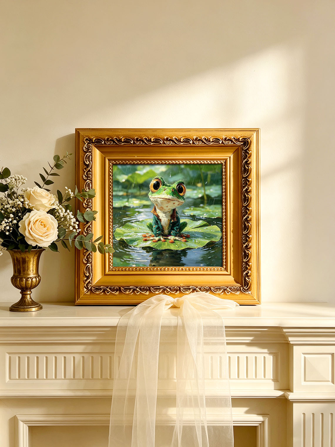 Cute Dressed Green Frog Sitting On Rainy Lotus Leaf Impasto Oil Painting Custom oil painting from photo, Gift for friend，Size 4x4