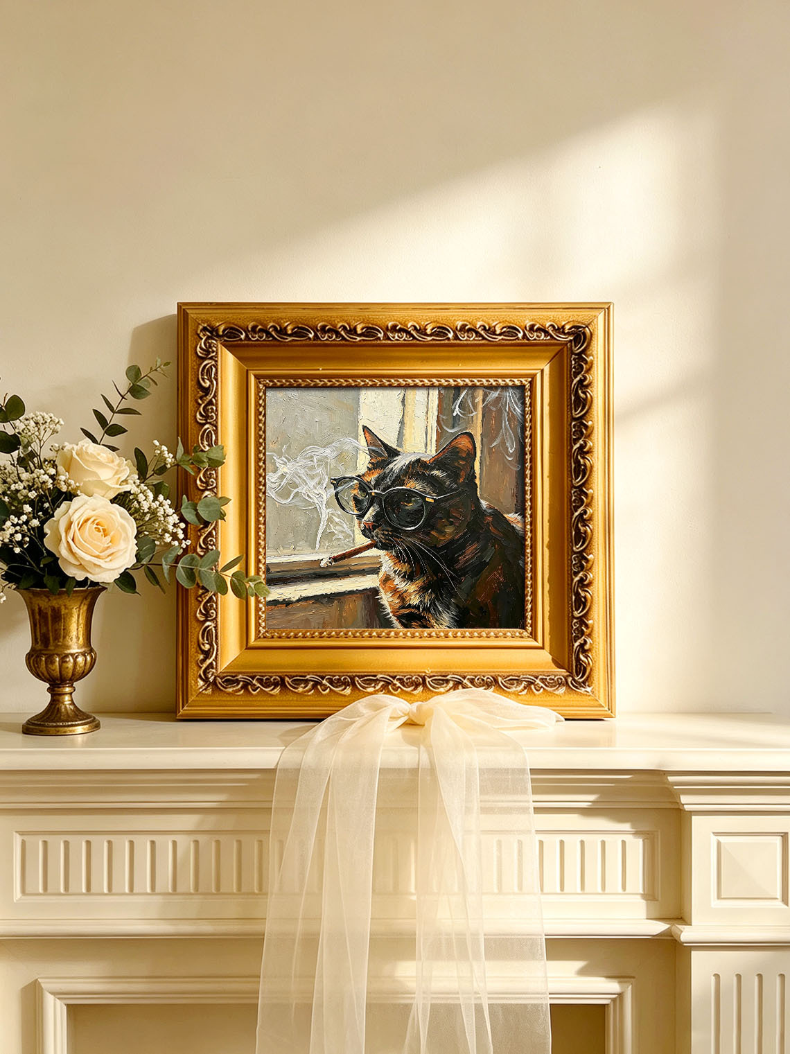 Cool Tortoiseshell Cat With Glasses By Window Impasto Oil Painting Custom oil painting from photo, Gift for friend，Size 4x4