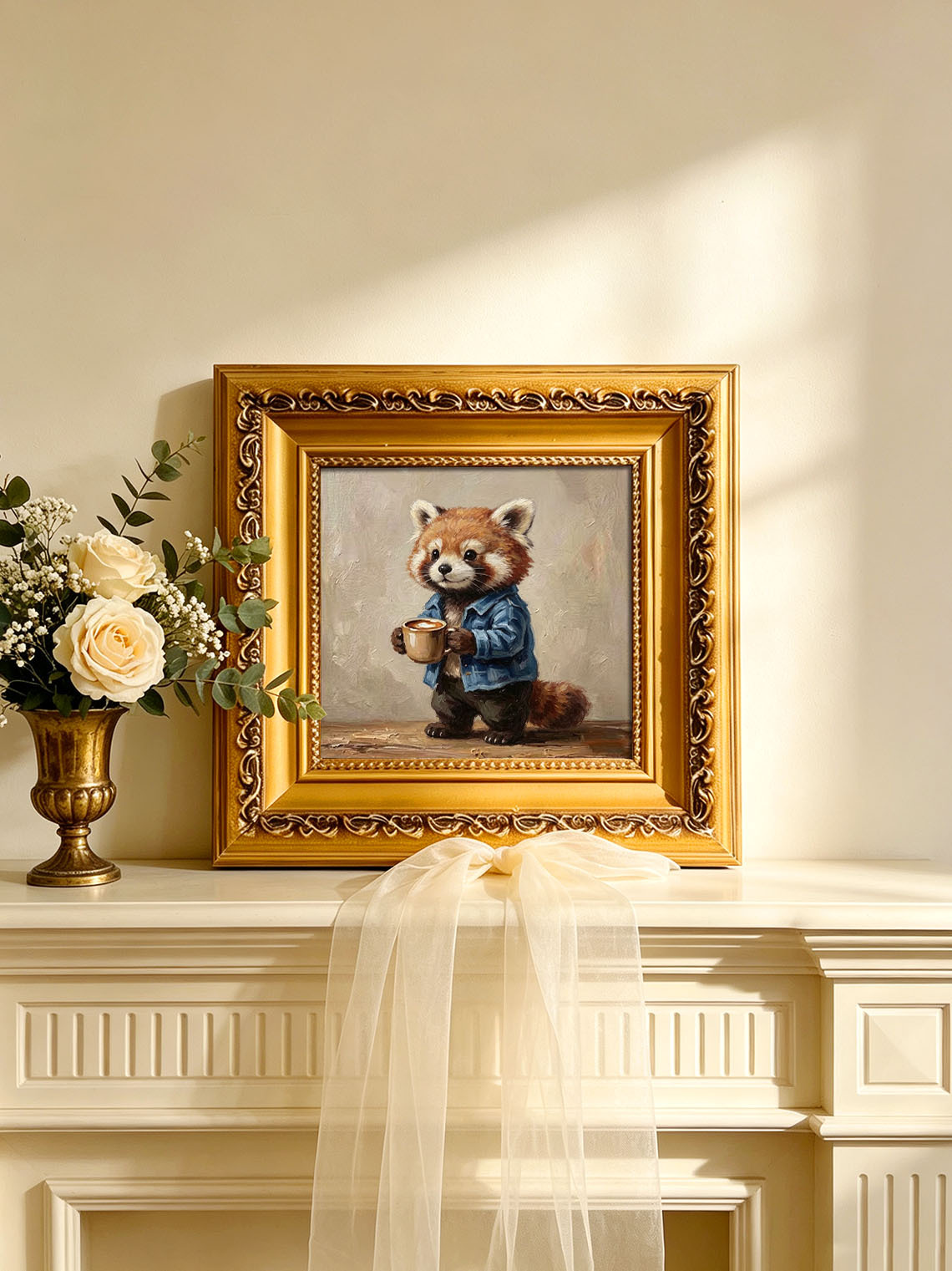 Cute Red Panda In Denim Jacket Holding Coffee Mug Impasto Oil Painting Custom oil painting from photo, Gift for friend，Size 4x4