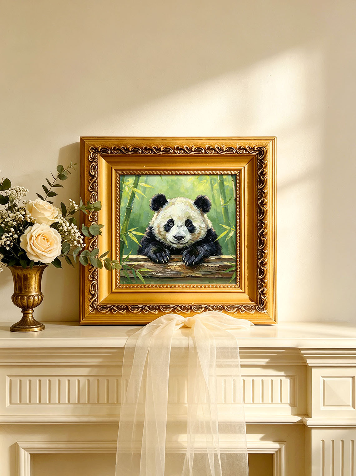 Adorable Giant Panda Leaning Over Log In Bamboo Forest Impasto Oil Painting Custom oil painting from photo, Gift for friend，Size 4x4