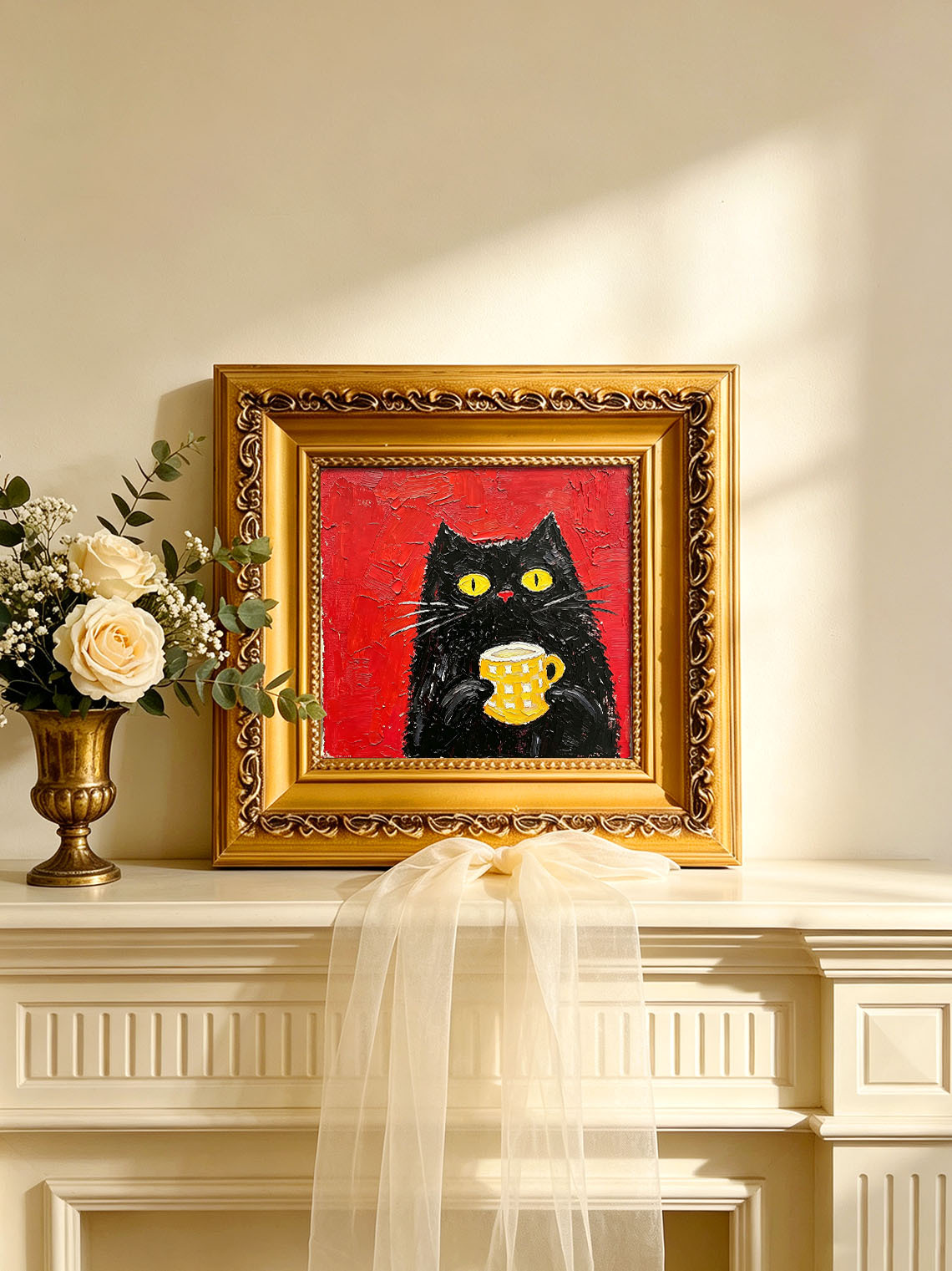 Whimsical Black Cat Holding Yellow Checkered Mug Red Background Oil Painting Custom oil painting from photo, Gift for friend，Size 4x4