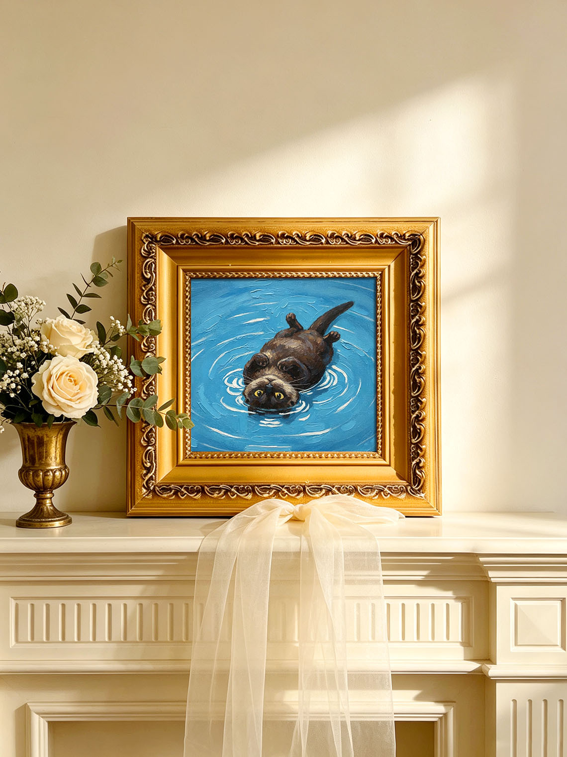 Playful Otter Floating On Bright Blue Rippling Water Impasto Oil Painting Custom oil painting from photo, Gift for friend，Size 4x4