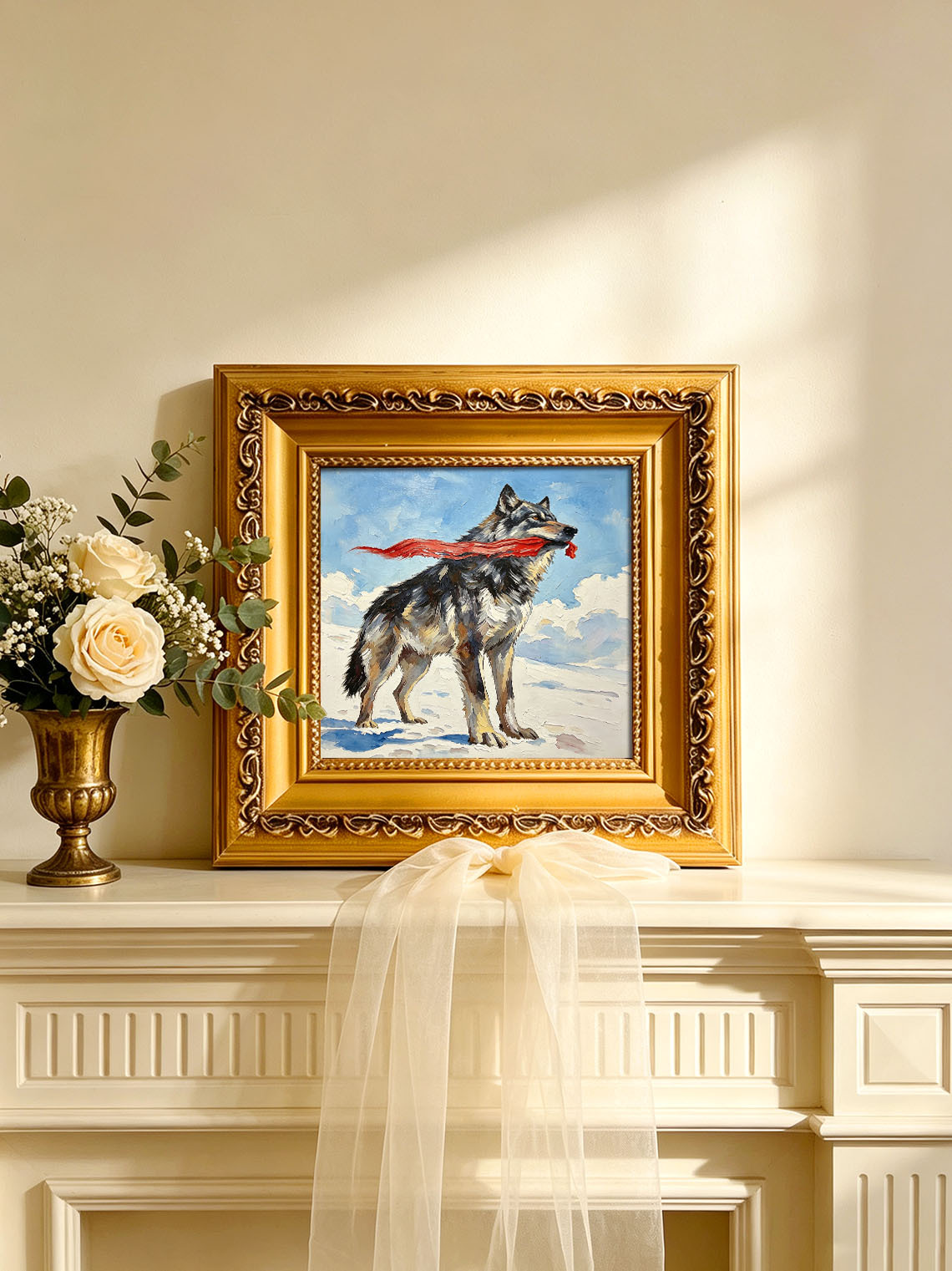 Wild Grey Wolf Holding Flowing Red Ribbon On Snowy Winter Landscape Oil Painting Custom oil painting from photo, Gift for friend，Size 4x4