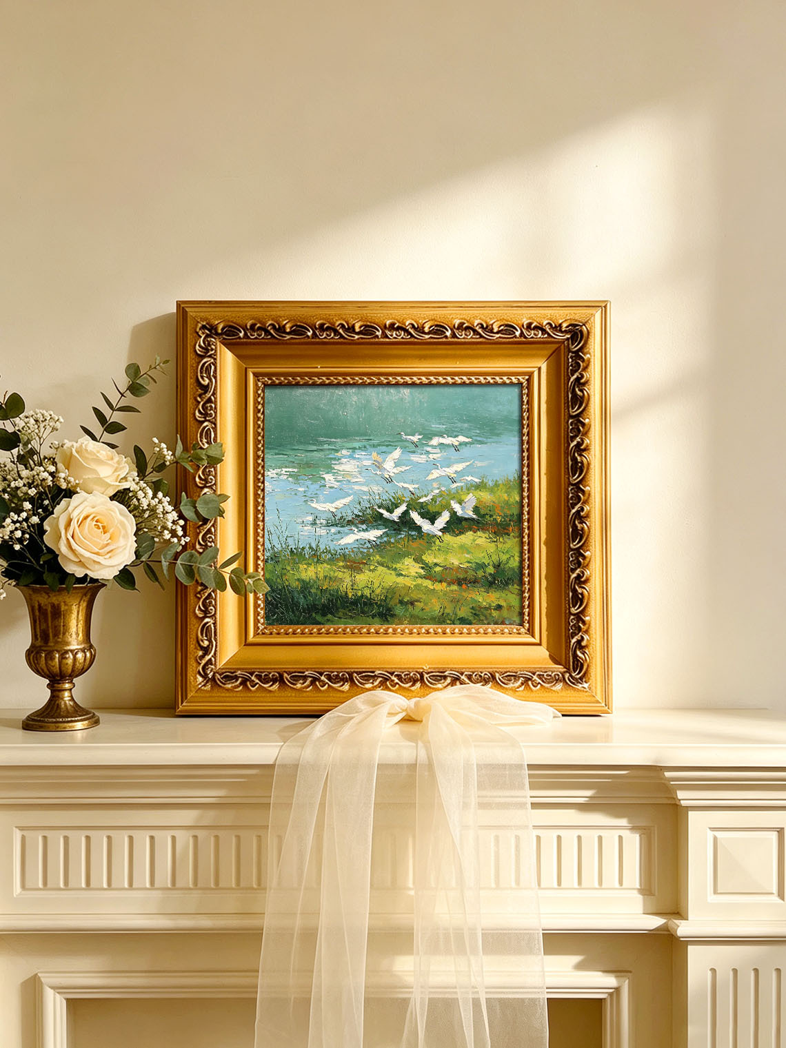 Flock of White Egrets Flying Over Green Riverside Wetland Landscape Oil Painting Custom oil painting from photo, Gift for friend，Size 4x4