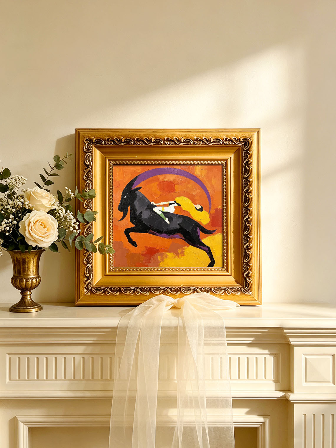 Abstract Mythological Scene Woman Riding Black Goat Bold Orange Background Custom oil painting from photo, Gift for friend，Size 4x4