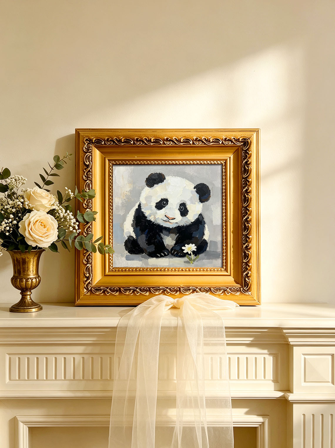 Baby Panda With White Daisy Flower Neutral Grey Background Impasto Oil Painting Custom oil painting from photo, Gift for friend，Size 4x4