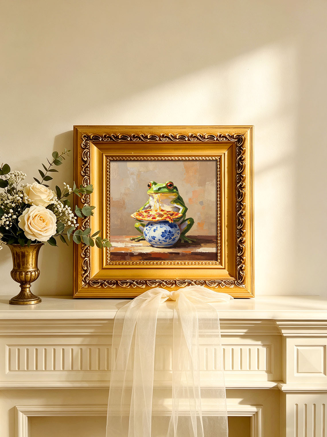 Whimsical Green Frog Eating Melted Cheese Pizza On Blue Floral Vase Oil Painting Custom oil painting from photo, Gift for friend，Size 4x4
