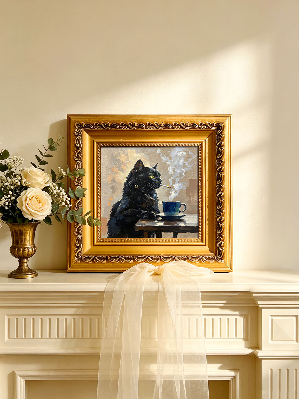 Cool Moody Black Cat With Gold Earring Beside Blue Coffee Cup On Wooden Table Custom oil painting from photo, Gift for friend，Size 4x4