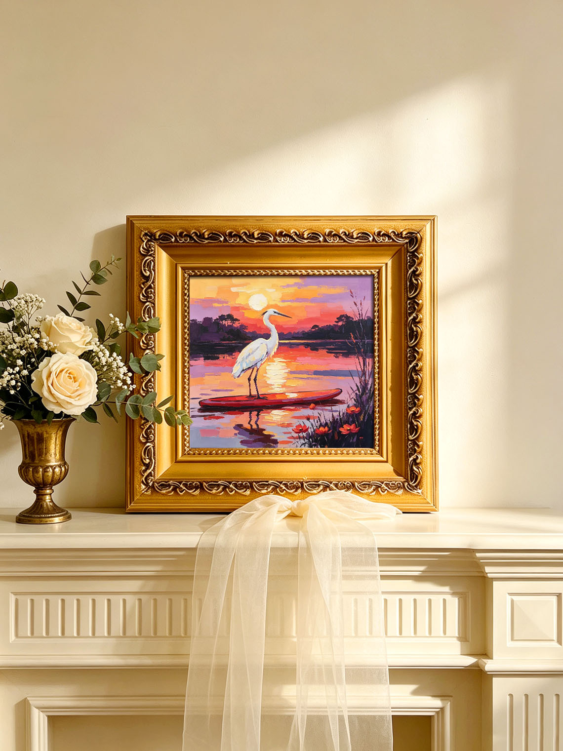 White Egret Standing on Red Paddle Board Over Lake At Vibrant Sunset Landscape Custom oil painting from photo, Gift for friend，Size 4x4