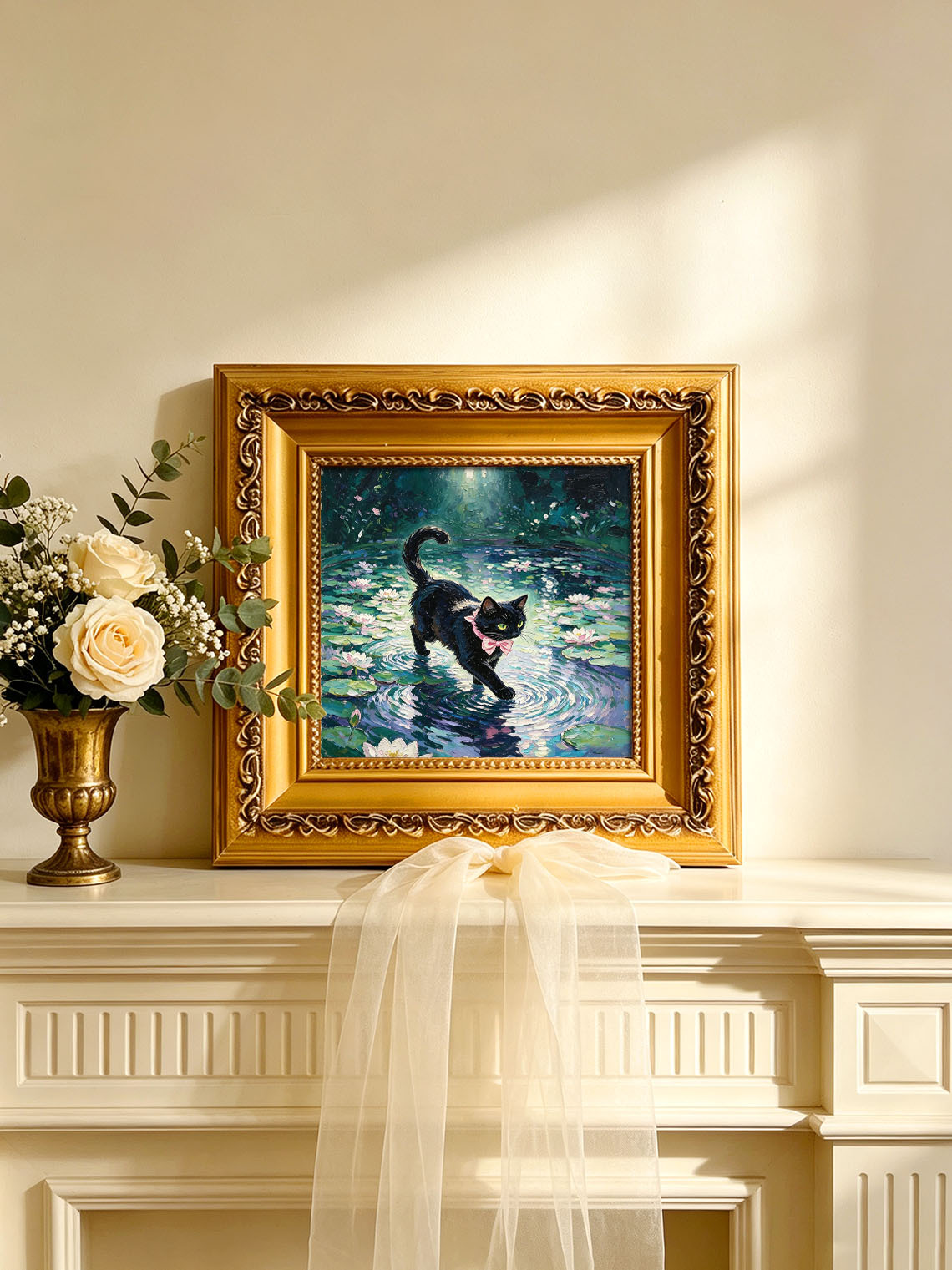 Black Cat With Pink Bow Walking Across Water Lily Pond In Sunlit Garden Custom oil painting from photo, Gift for friend，Size 4x4