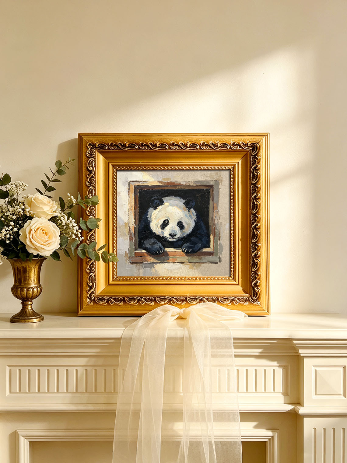 Cute Giant Panda Leaning Out From Wooden Window Box Impasto Oil Painting Custom oil painting from photo, Gift for friend，Size 4x4
