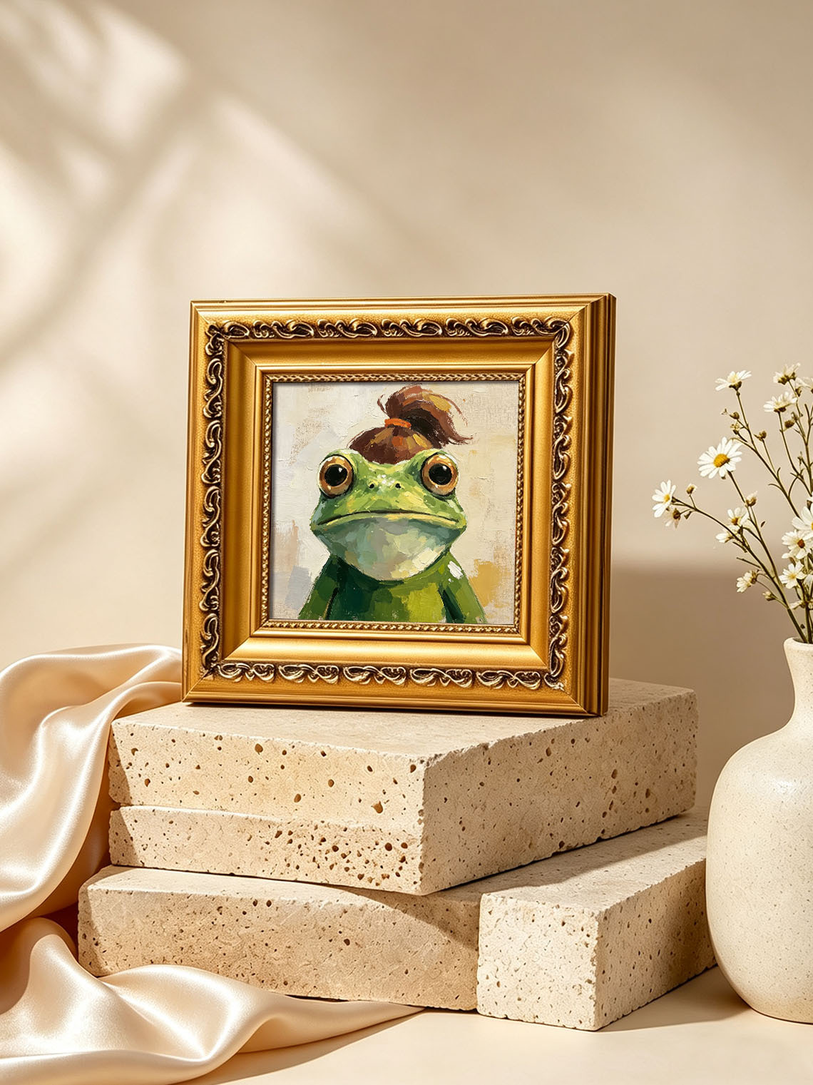 Frog With Messy Bun Hairstyle Whimsical Oil Painting Warm Beige Background  Custom oil painting from photo, Gift for friend，Size 4x4