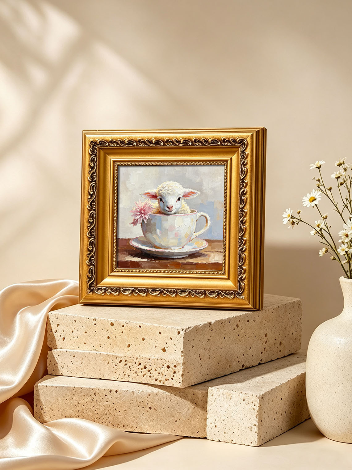 Baby Lamb Inside Pastel Teacup With Pink Flower Whimsical Custom oil painting from photo, Gift for friend，Size 4x4