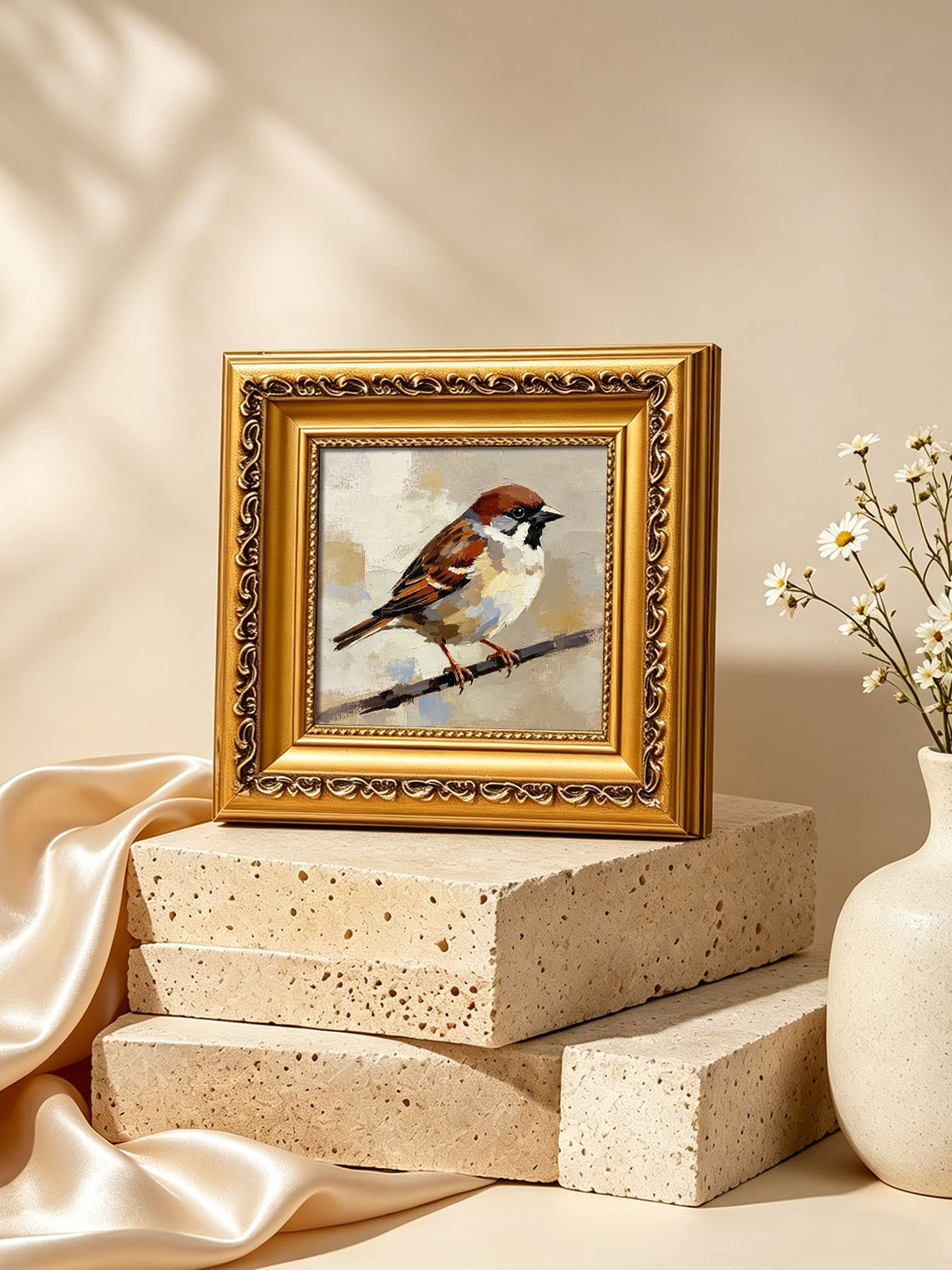 Single Sparrow Perched On Twig Oil Painting Soft Neutral Textured Background  Custom oil painting from photo, Gift for friend，Size 4x4