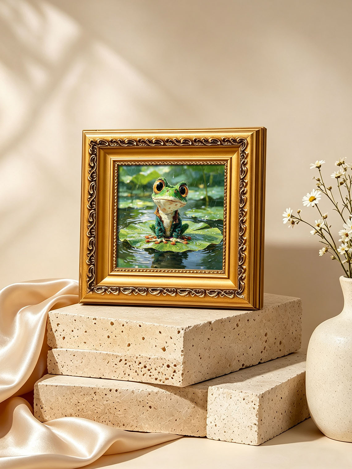 Cute Dressed Green Frog Sitting On Rainy Lotus Leaf Impasto Oil Painting Custom oil painting from photo, Gift for friend，Size 4x4