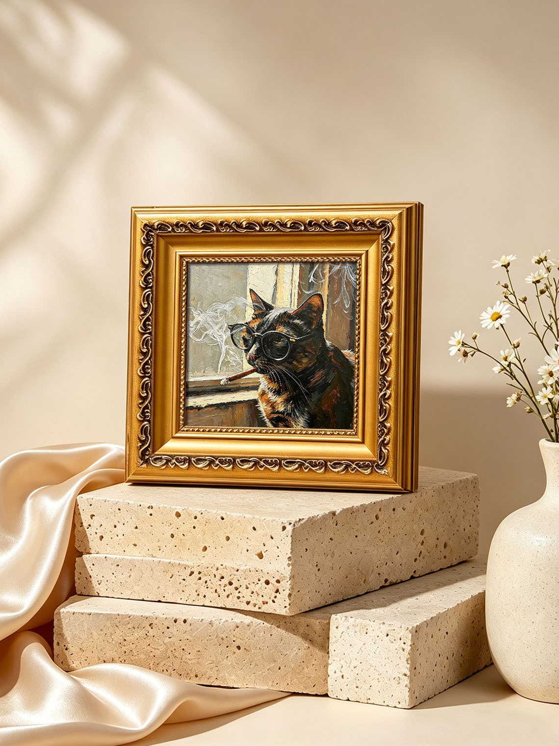 Cool Tortoiseshell Cat With Glasses By Window Impasto Oil Painting Custom oil painting from photo, Gift for friend，Size 4x4