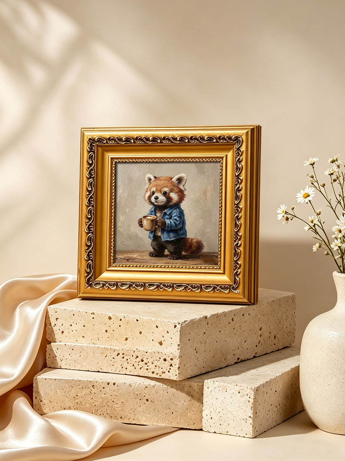 Cute Red Panda In Denim Jacket Holding Coffee Mug Impasto Oil Painting Custom oil painting from photo, Gift for friend，Size 4x4