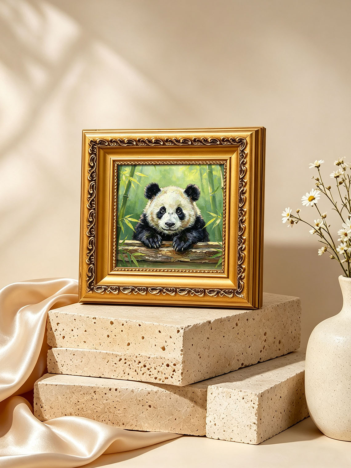 Adorable Giant Panda Leaning Over Log In Bamboo Forest Impasto Oil Painting Custom oil painting from photo, Gift for friend，Size 4x4