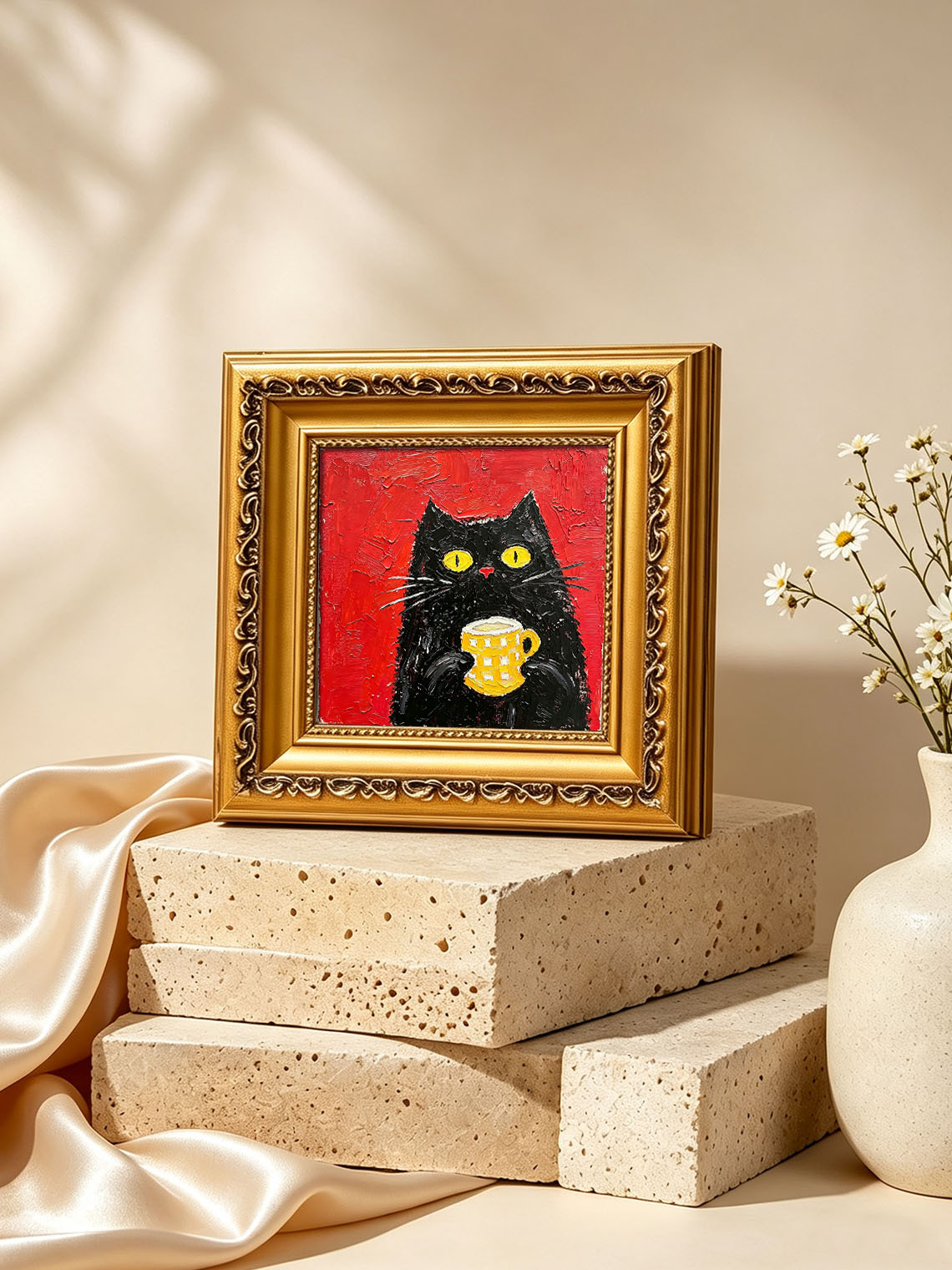 Whimsical Black Cat Holding Yellow Checkered Mug Red Background Oil Painting Custom oil painting from photo, Gift for friend，Size 4x4