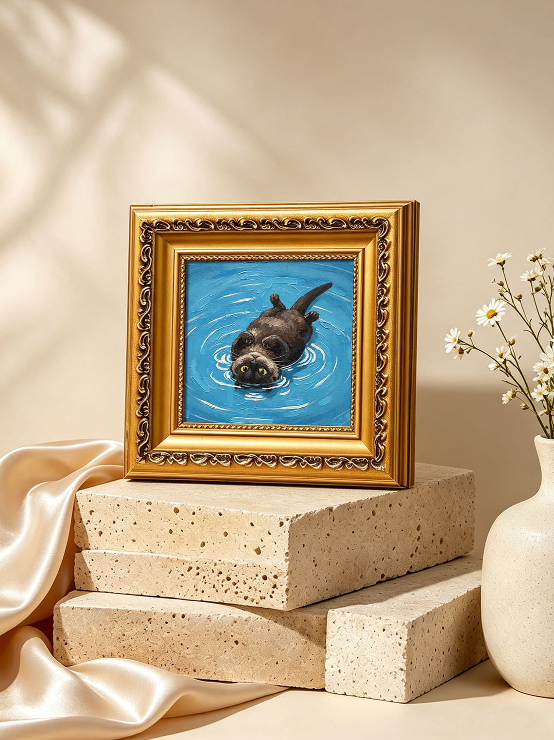 Playful Otter Floating On Bright Blue Rippling Water Impasto Oil Painting Custom oil painting from photo, Gift for friend，Size 4x4