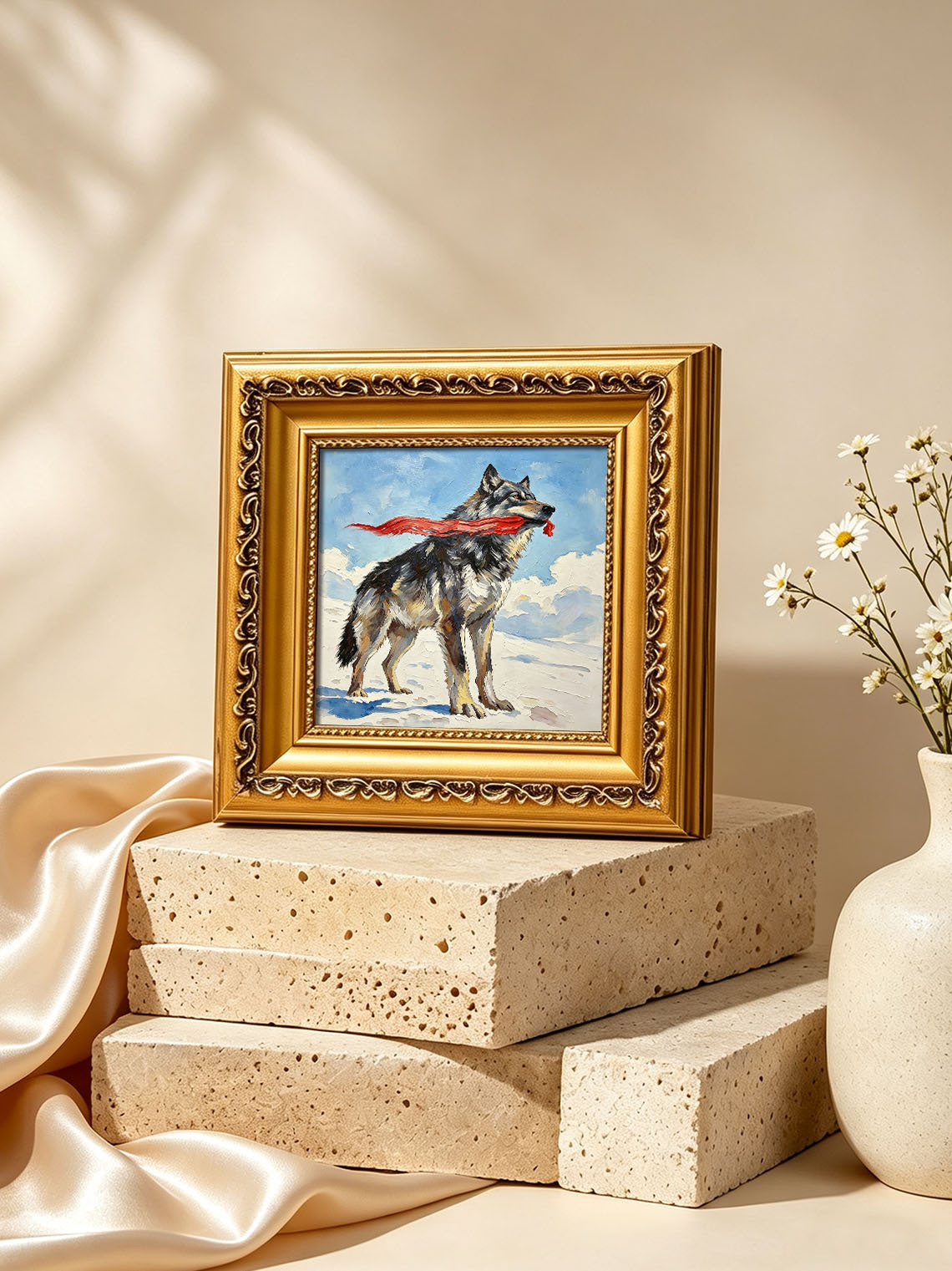 Wild Grey Wolf Holding Flowing Red Ribbon On Snowy Winter Landscape Oil Painting Custom oil painting from photo, Gift for friend，Size 4x4