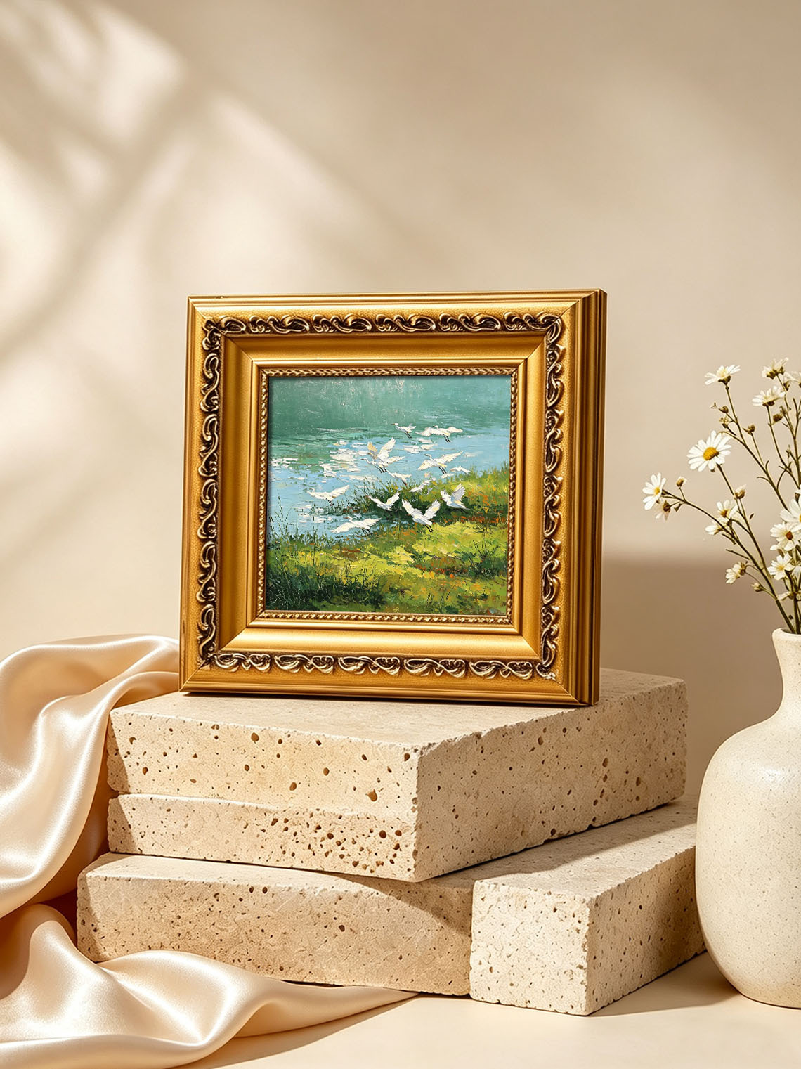 Flock of White Egrets Flying Over Green Riverside Wetland Landscape Oil Painting Custom oil painting from photo, Gift for friend，Size 4x4