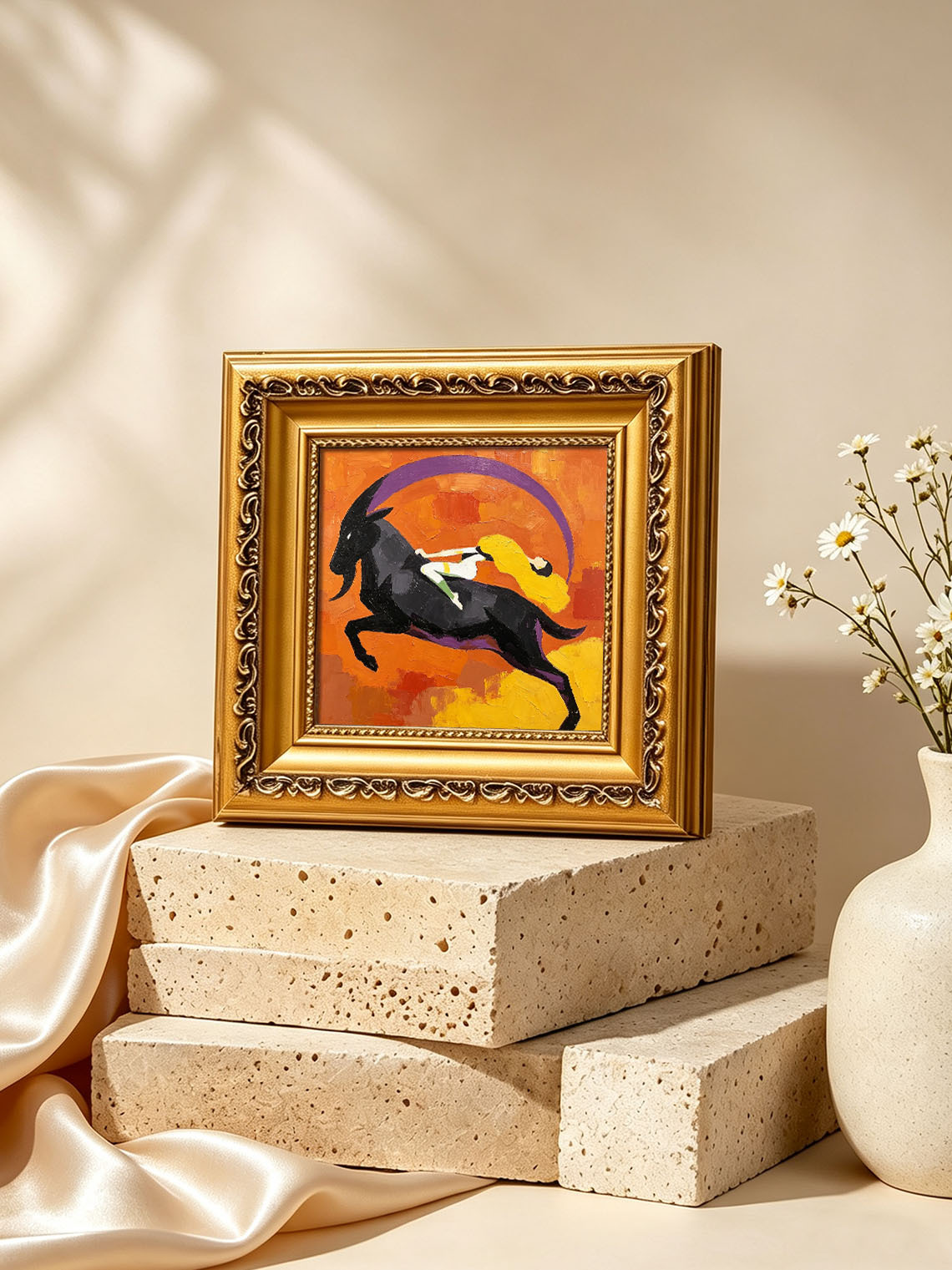 Abstract Mythological Scene Woman Riding Black Goat Bold Orange Background Custom oil painting from photo, Gift for friend，Size 4x4