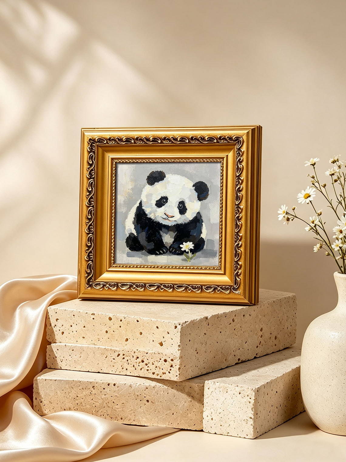Baby Panda With White Daisy Flower Neutral Grey Background Impasto Oil Painting Custom oil painting from photo, Gift for friend，Size 4x4