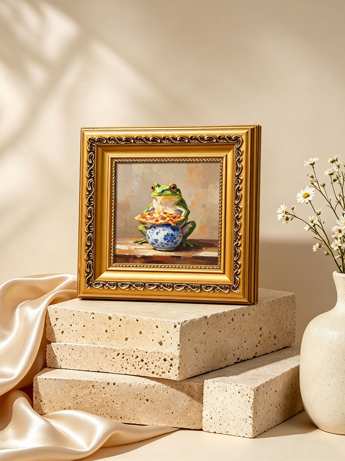 Whimsical Green Frog Eating Melted Cheese Pizza On Blue Floral Vase Oil Painting Custom oil painting from photo, Gift for friend，Size 4x4