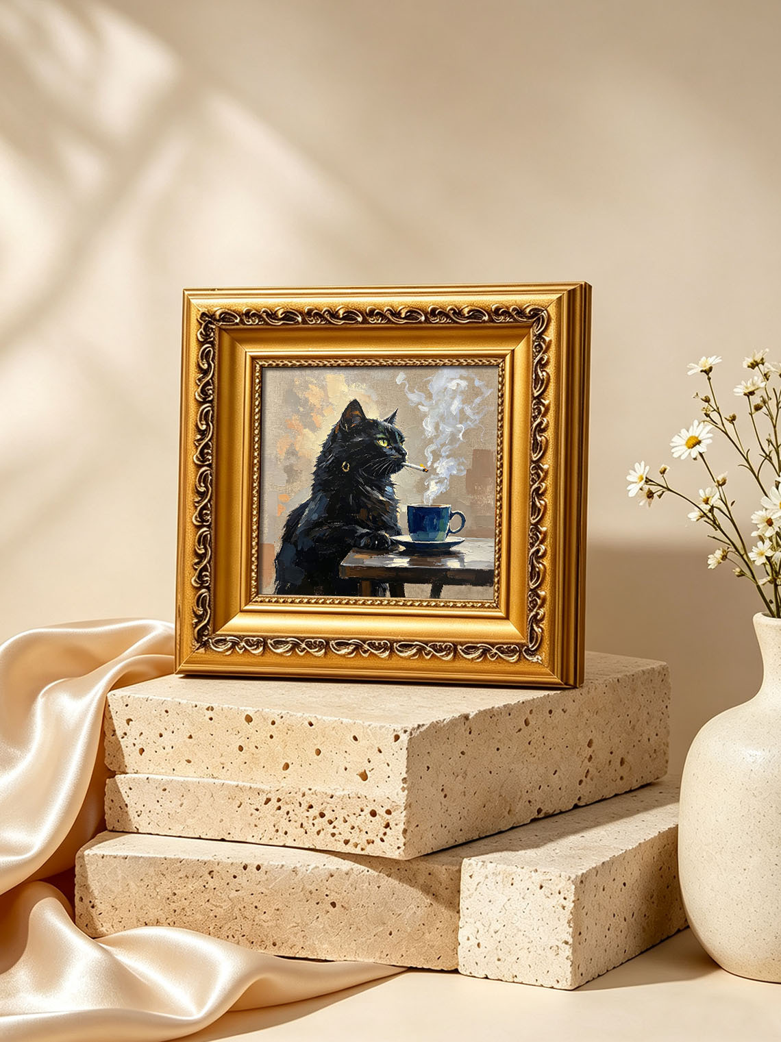 Cool Moody Black Cat With Gold Earring Beside Blue Coffee Cup On Wooden Table Custom oil painting from photo, Gift for friend，Size 4x4