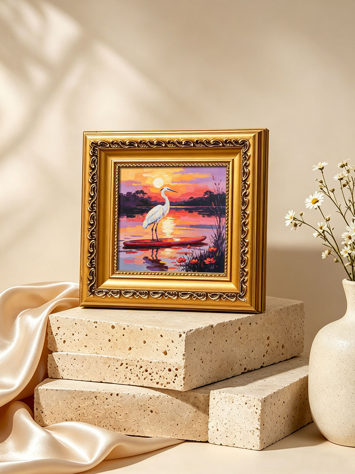 White Egret Standing on Red Paddle Board Over Lake At Vibrant Sunset Landscape Custom oil painting from photo, Gift for friend，Size 4x4