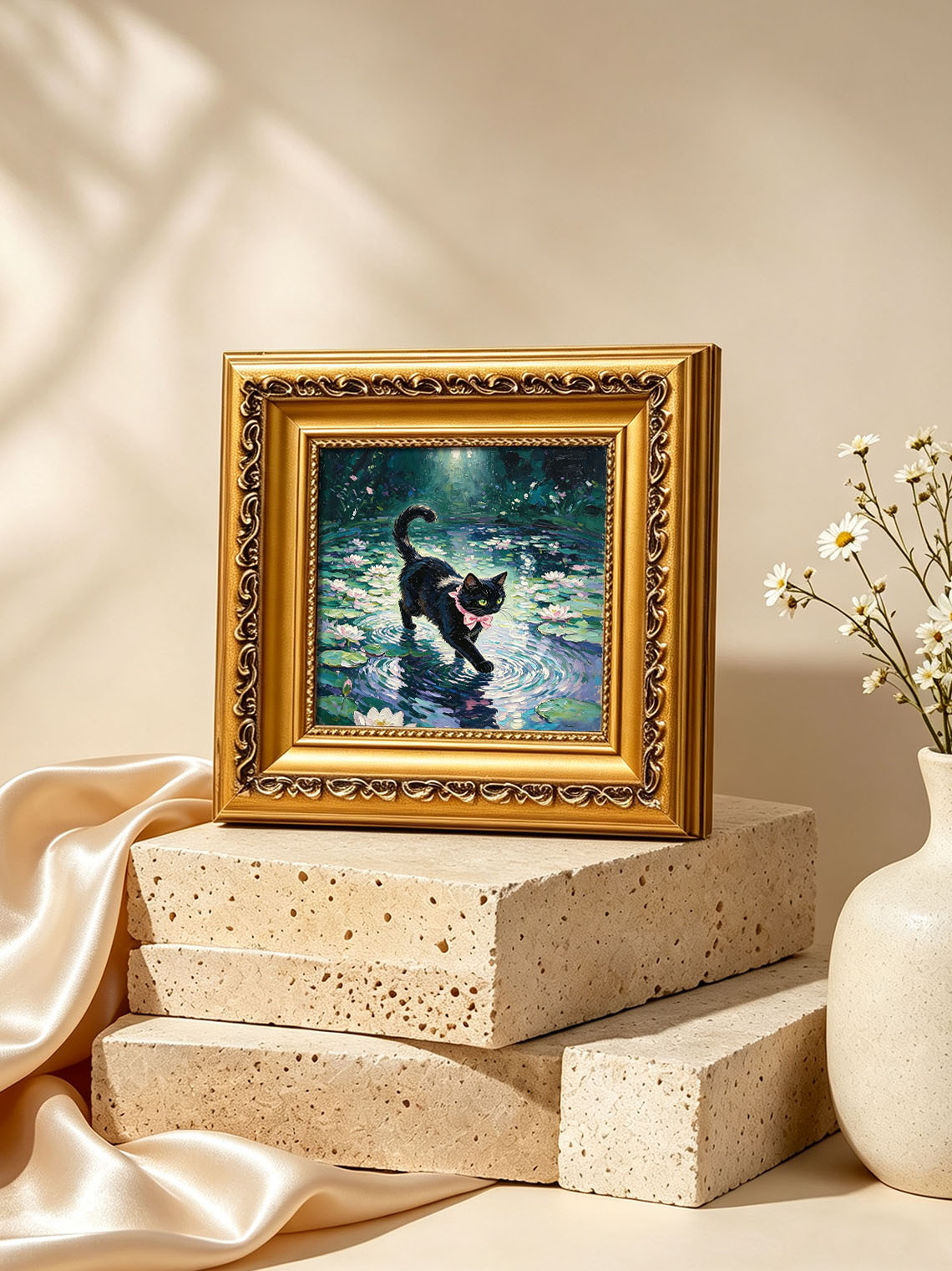 Black Cat With Pink Bow Walking Across Water Lily Pond In Sunlit Garden Custom oil painting from photo, Gift for friend，Size 4x4