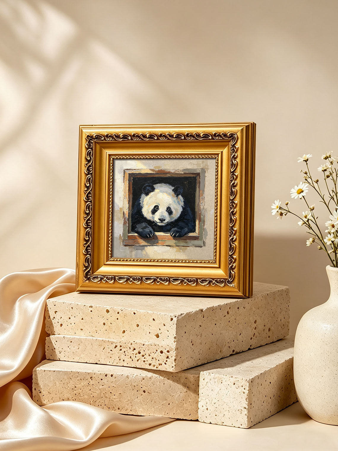 Cute Giant Panda Leaning Out From Wooden Window Box Impasto Oil Painting Custom oil painting from photo, Gift for friend，Size 4x4