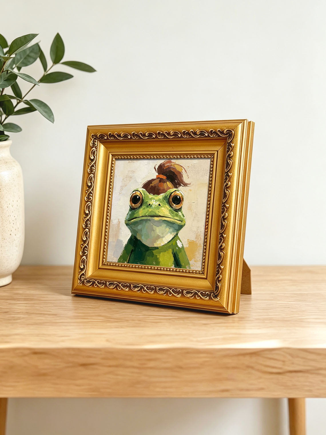 Frog With Messy Bun Hairstyle Whimsical Oil Painting Warm Beige Background  Custom oil painting from photo, Gift for friend，Size 4x4