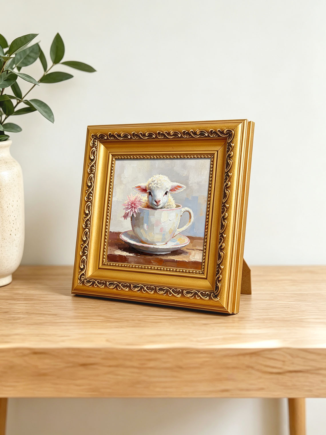 Baby Lamb Inside Pastel Teacup With Pink Flower Whimsical Custom oil painting from photo, Gift for friend，Size 4x4
