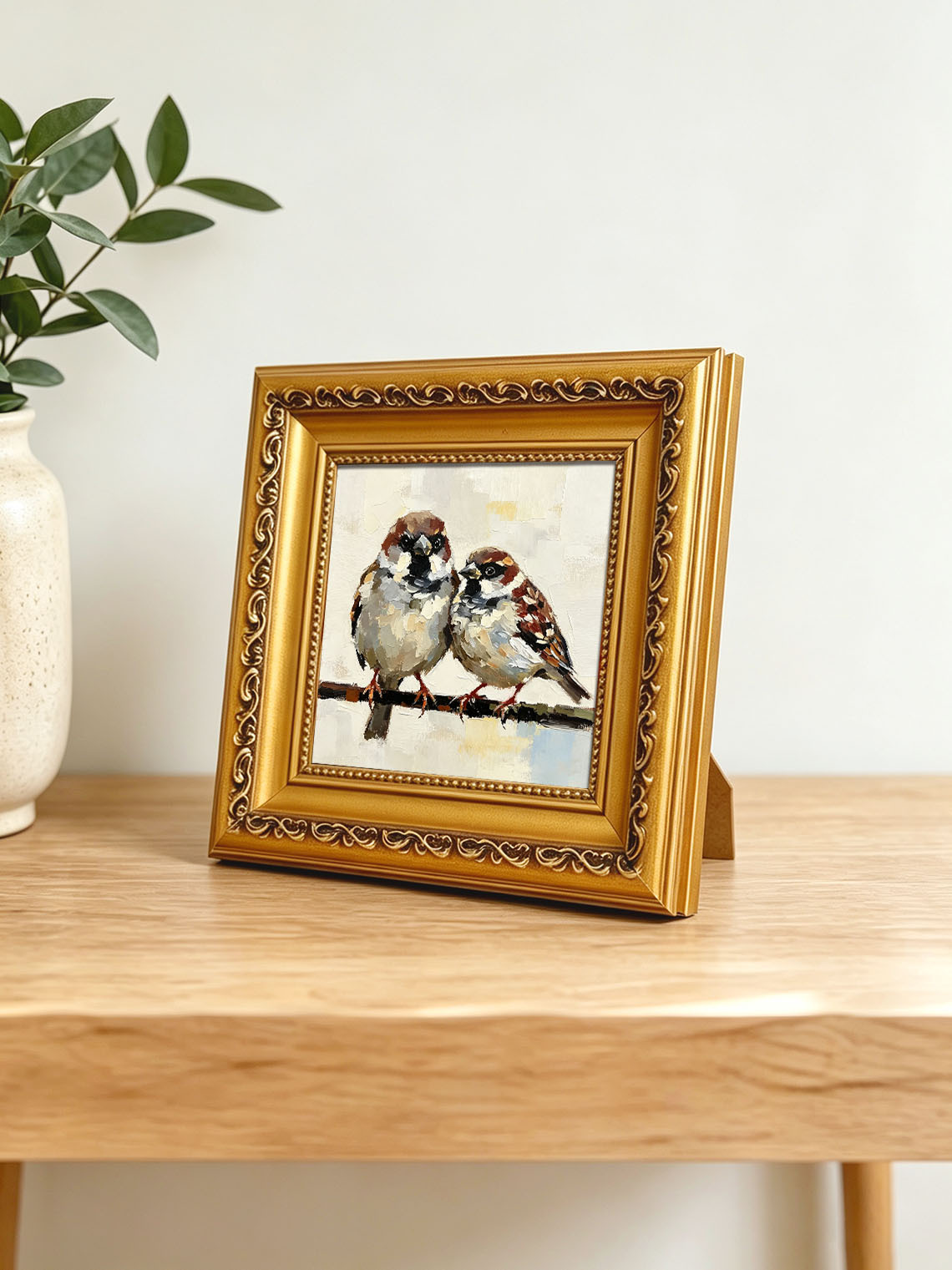 Pair Of Sweet Sparrows On Branch Oil Painting Soft Cream Textured Background  Custom oil painting from photo, Gift for friend，Size 4x4