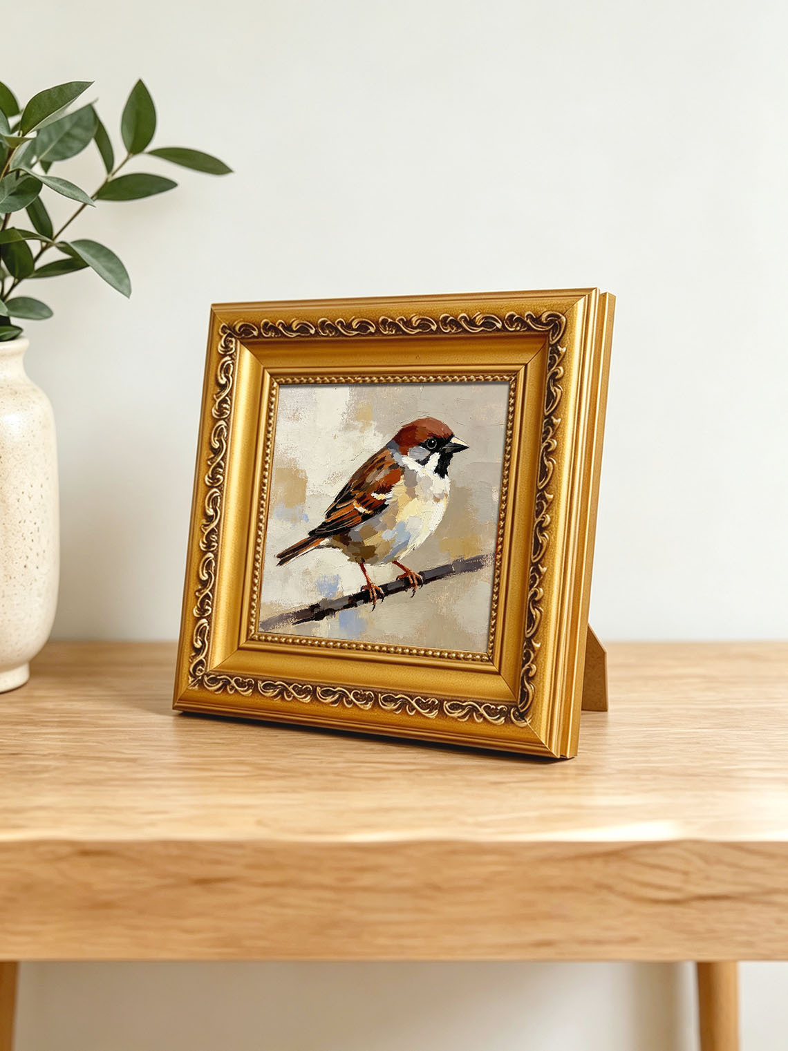 Single Sparrow Perched On Twig Oil Painting Soft Neutral Textured Background  Custom oil painting from photo, Gift for friend，Size 4x4