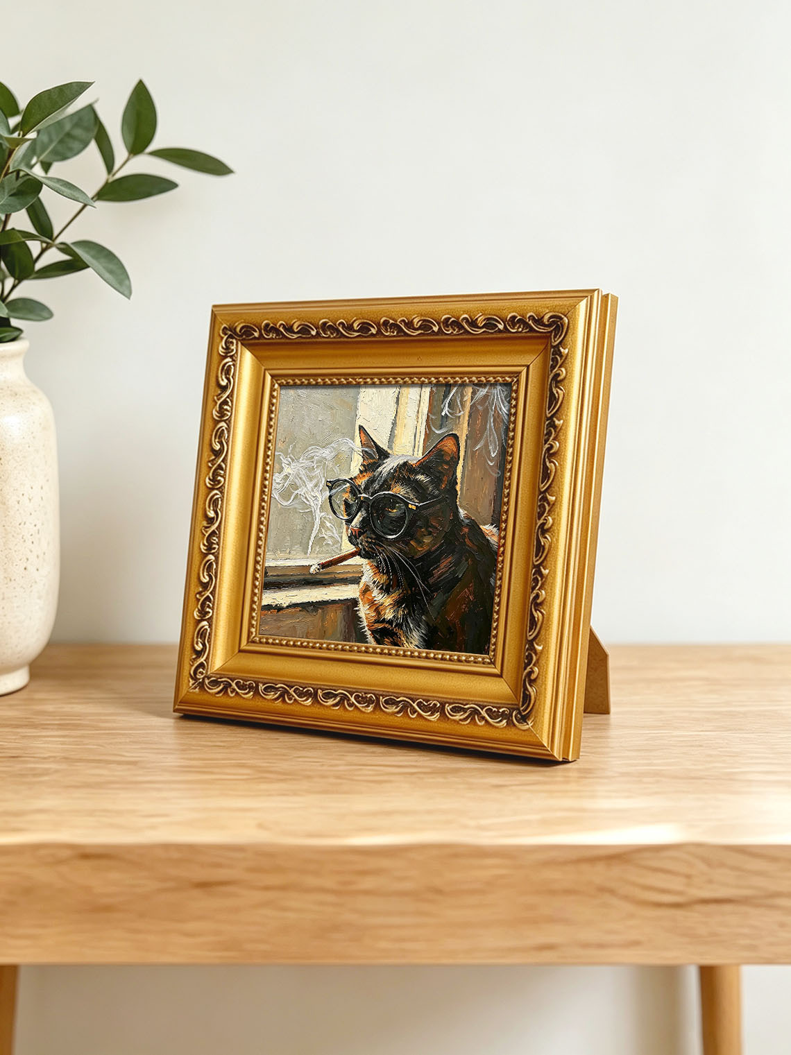 Cool Tortoiseshell Cat With Glasses By Window Impasto Oil Painting Custom oil painting from photo, Gift for friend，Size 4x4